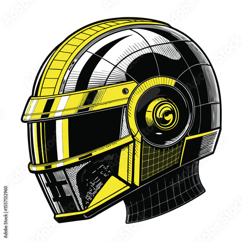 Futuristic robotic helmet head exposing wireframe, complex circuitry, metallic texture, tech detail.