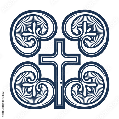 Minimalist cross composed of four kidney icons. Clean lines, medical symbol, organ donation, health.