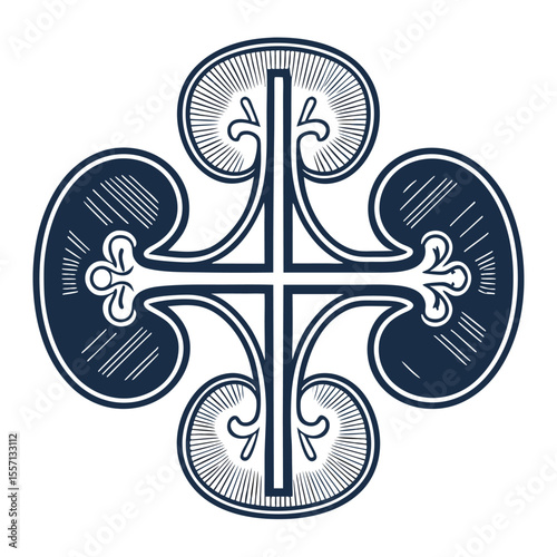 Minimalist cross design featuring four stylized kidney icons, clean lines, symmetrical.