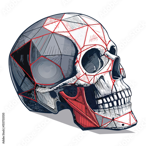 Sci-fi skull of polygonal robot. Missing jawbone area. Metallic, futuristic, intricate design, dark background.