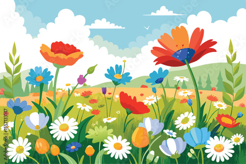 Colorful Cartoon Flower Meadow with Daisies, Poppies, Blue Flowers, Green Grass, and Sky