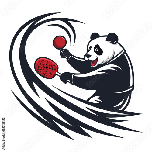 Emblem of panda playing ping pong with dramatic lighting. Detailed fur texture, intense focus.
