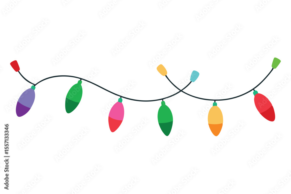 Fototapeta premium Colorful Christmas Lights String Isolated on White Background, Holiday Decoration Clipart Style Illustration