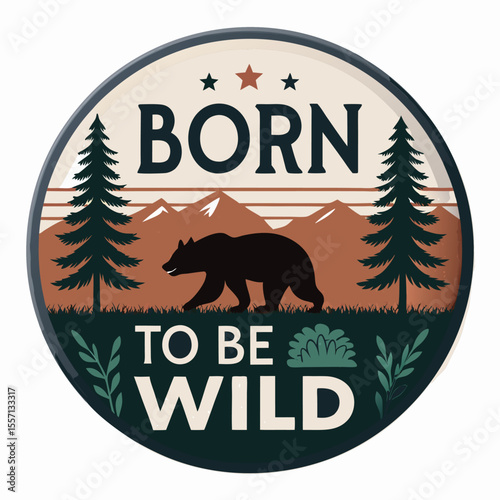 Round badge icon, bear silhouette walking, minimal design, wood background. Natural, outdoorsy.