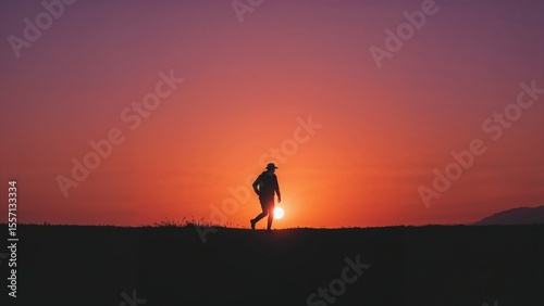 Silhouette of a person walking towards the sunset with a gradient sky in the background view outdoors