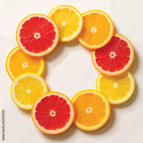 slice of fruit, citrus fruits, orange, lemon, grapefruit, vibrant colors, circular arrangement, organic pattern, minimalist, high contrast, food photography, still life