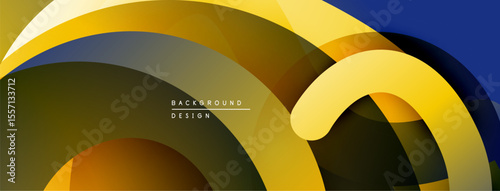 Abstract design features overlapping curved shapes. Gold, navy, brown hues create dynamic visual effect. Modern aesthetic.