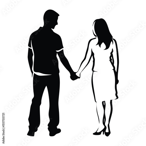 Tender silhouette of a couple holding hands, perfect for wedding invites, love art, or decor. This heartwarming vector art symbolizes unity and affection