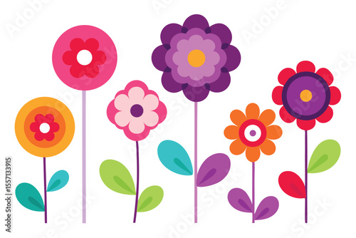 Colorful Flat Design Flowers on Stems with Leaves and Retro Style Patterns