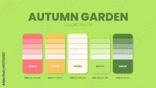 Color palette guide in Autumn garden colour theme collections. Color inspiration or chart with codes template. Color combination RGB. Colors swatches for graphic design, art, fashion, website. Vector.