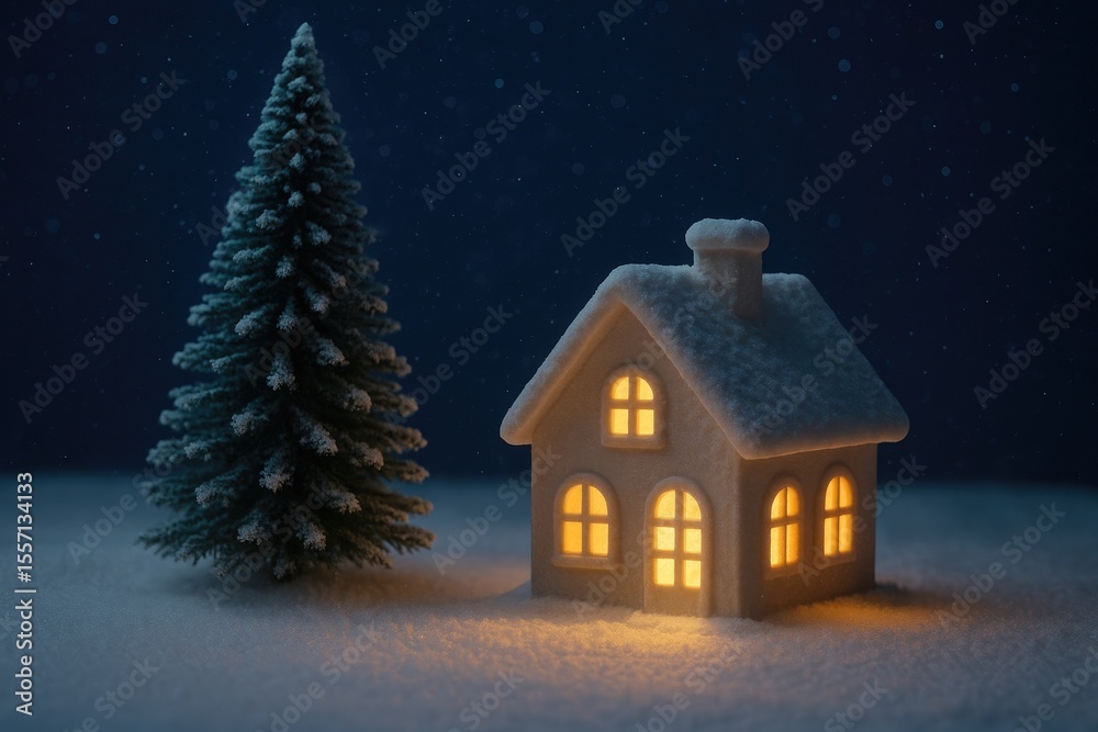 Naklejka premium Festive winter scene featuring a tiny holiday house surrounded by snow and a pine tree under a starry night sky