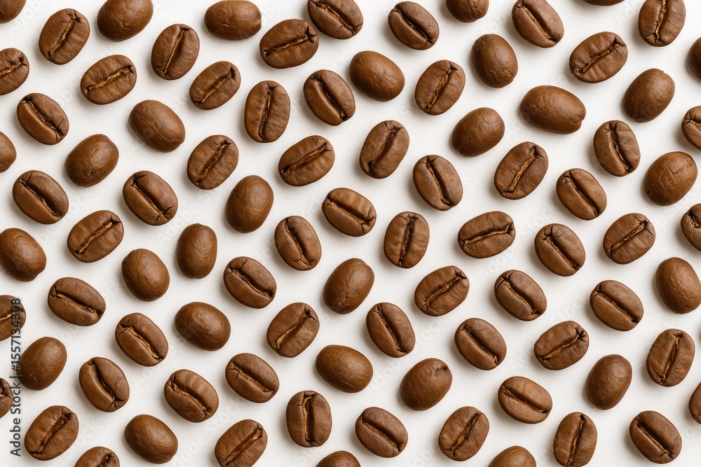 Obraz premium Close-up of scattered roasted coffee beans on a white background