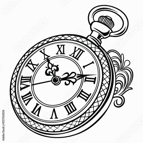 Ornate pocket watch illustration with roman numerals and Classic detailing