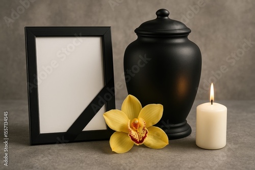 Sympathy Card Decor Featuring a Black Urn, Flowers, and Candle on a Dark Background