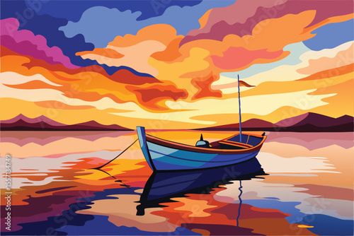 Colorful Painting of a Boat on Water at Sunset with Reflective Sky and Mountains