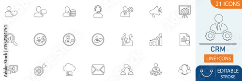 Customer relationship management best line icon set. Perfect for CRM, marketing, client data, segmentation, reports, cloud systems and strategic communication visuals.