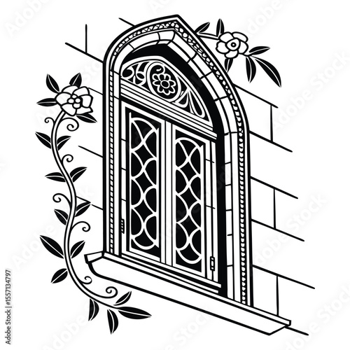 Vintage arched window with climbing vines and floral detailing on brick wall