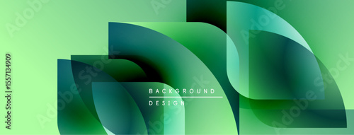 Abstract green background features overlapping rounded squares. Gradient shades create depth, modern design element. Minimalist aesthetic.