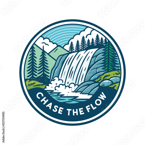 Circular badge featuring a waterfall illustration; inspiring quote included.  Perfect for nature lovers.