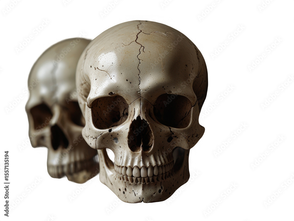 Fototapeta premium Two human skulls close together on a black background studio shot art
