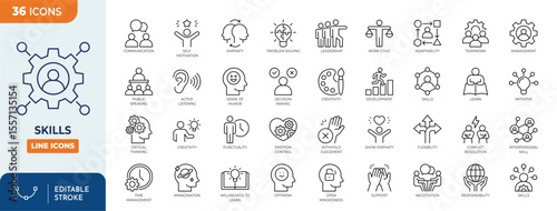 Skills line editable icon set. Containing communication, empathy, assertiveness, personality, problem-solving, creativity, punctuality, work ethics, and more