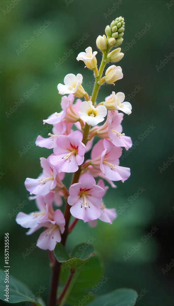 Obraz premium A close-up of a pink and white flower stalk with small, delicate blossoms, set against a blurred green background, showcasing the flower's intricate details