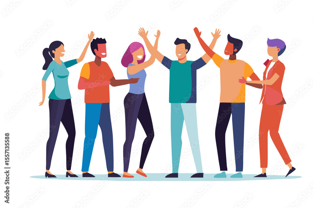 Fototapeta premium Unity and Togetherness: A group of individuals stands united, celebrating their collective success and shared aspirations. High fives and open arms express camaraderie and achievement.