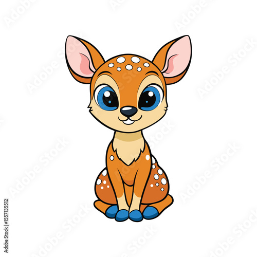 Cute Cartoon Fawn with Big Blue Eyes and Brown Fur Sitting Down Nicely