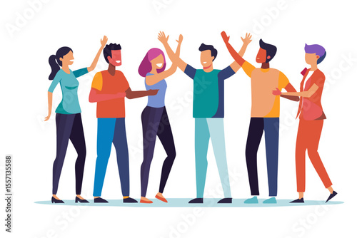 Unity and Togetherness: A group of individuals stands united, celebrating their collective success and shared aspirations. High fives and open arms express camaraderie and achievement.