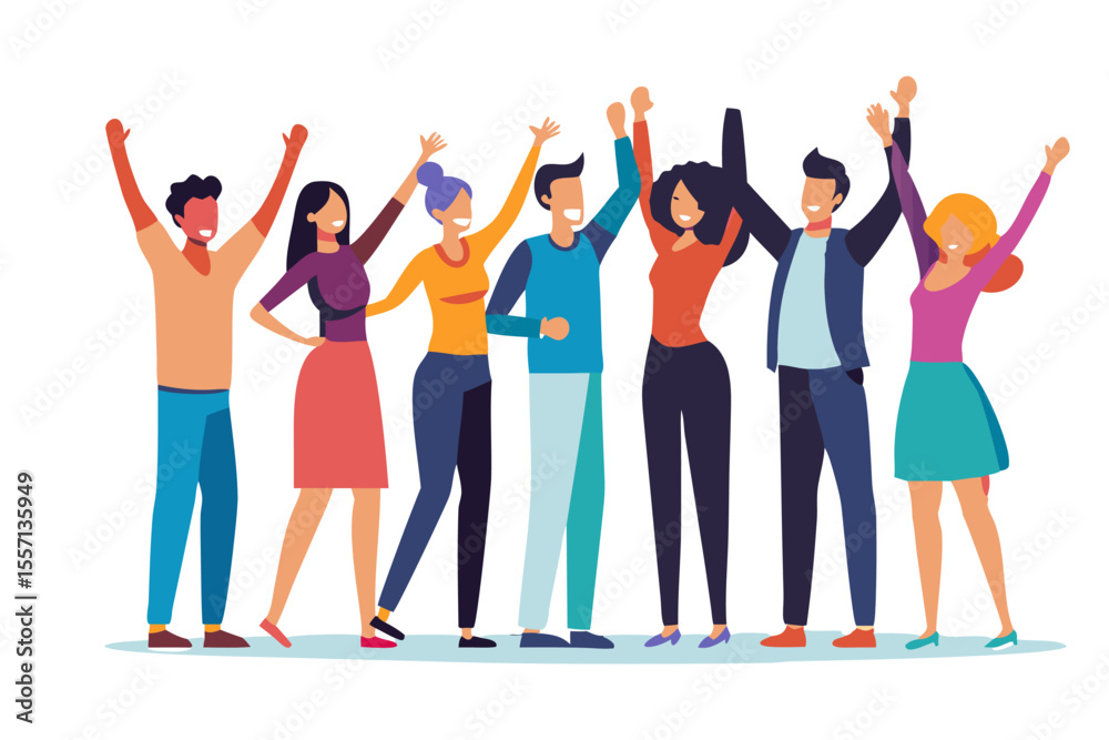 Obraz premium Vibrant Community: A diverse and animated group of individuals celebrates their collective achievements with upraised arms in a lively and colorful vector graphic.