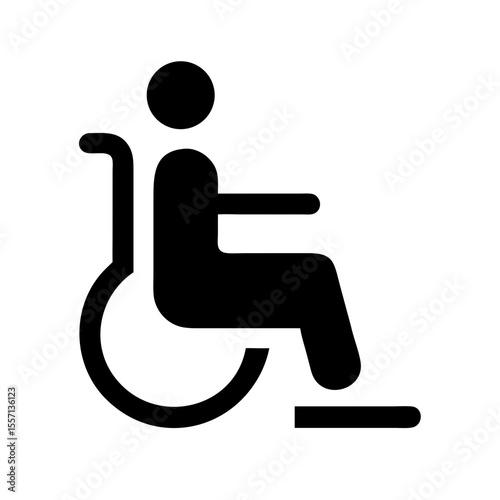 Black icon showing a person in a wheelchair with a footrest, symbolizing accessible seating areas for individuals with mobility needs.
