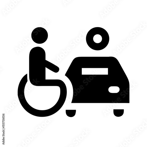 Black accessibility icon depicting a person in a wheelchair approaching a taxi, symbolizing inclusive and disability-friendly transportation services.
