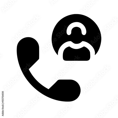 Black icon showing a phone receiver and person, symbolizing help line, support center, or emergency contact services.
