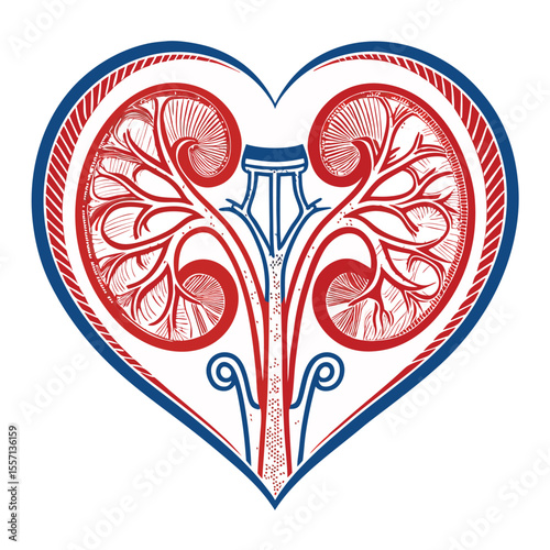 A stylized kidney and bladder merged, forming a heart shape. Isolated, detailed medical illustration.