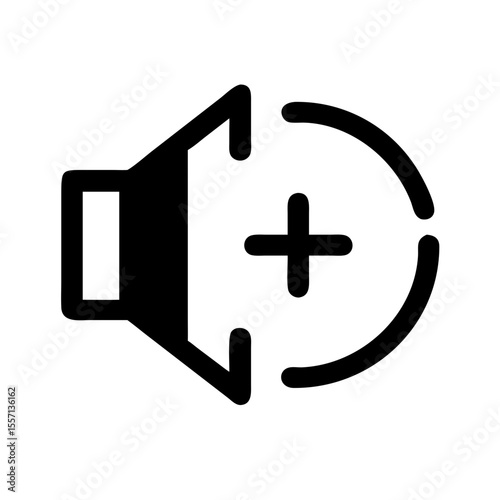 Black icon of a speaker with a plus symbol, representing volume amplification, audio enhancement, or sound boost functionality.
