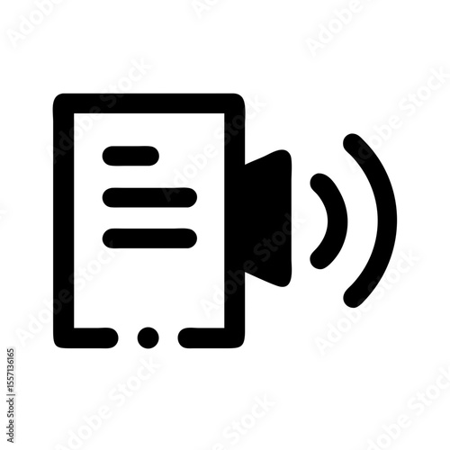 Black icon showing a document with sound waves, representing audio description or spoken text for accessibility purposes.
