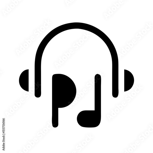 Minimalist black icon combining headphones and music notes, representing audio description, sound accessibility, and listening services.
