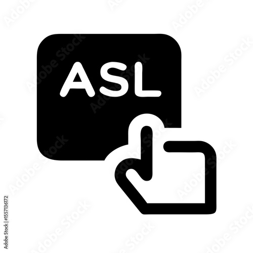 Black icon showing a hand pointing to a button labeled ASL, symbolizing American Sign Language and communication accessibility.
