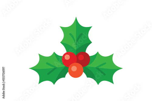 Festive Christmas Holly Berry Illustration with Green Leaves on a White Background Image