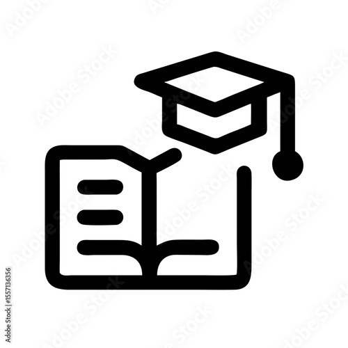 Black line icon showing an open book and a graduation cap, symbolizing education, studying tools, or academic support resources.
