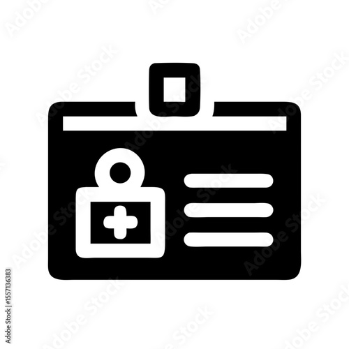 Black filled icon showing a medical ID card with a profile symbol and cross, representing personal health identification and emergency info.

