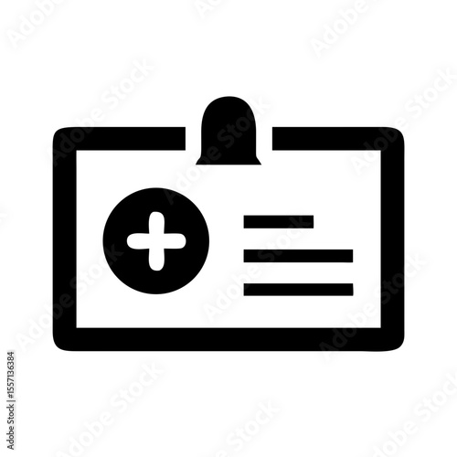 Black outline icon of a medical ID card with a cross and text lines, symbolizing healthcare identification or patient information.
