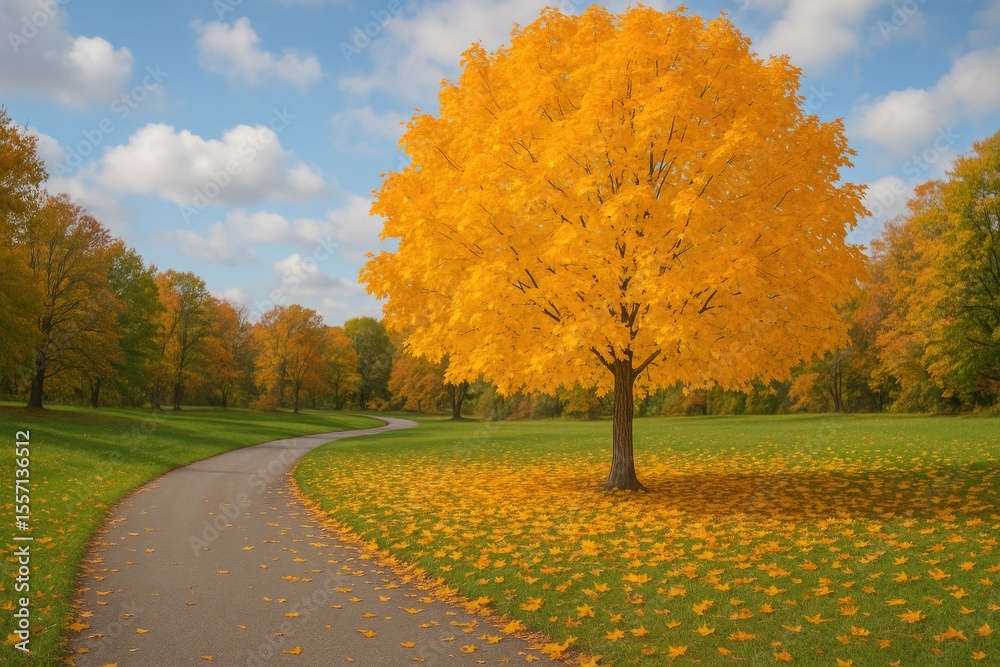 Obraz premium Scenic autumn view featuring a serpentine path bordered by vibrant yellow foliage and a solitary tree with colorful leaves. The ground is layered with fallen leaves, capturing the essence of fall in