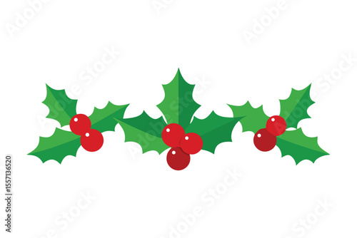 Festive Holly Berry Sprig Illustration with Glossy Red Berries and Sharp Green Leaves