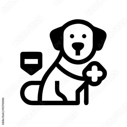 Black outlined icon of a therapy dog with a medical cross on its paw, symbolizing support, assistance, and emotional aid.
