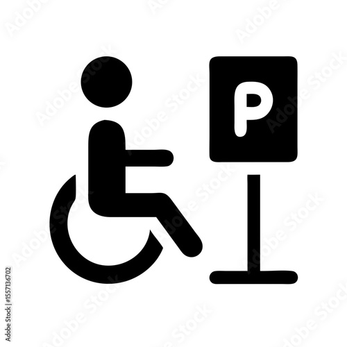 Black icon showing a person in a wheelchair next to a parking sign, representing designated accessible parking areas.
