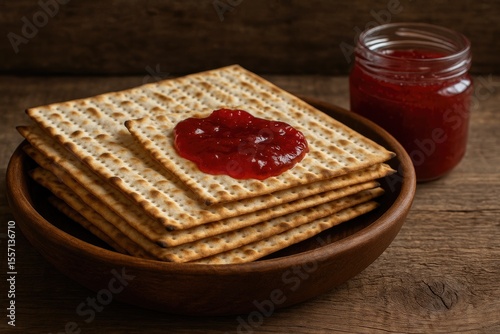 Unleavened bread presented with strawberry jam in a rustic wooden bowl setting, typically enjoyed during traditional holiday celebrations