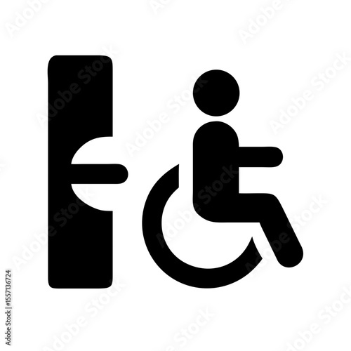 Bold icon showing a person in a wheelchair next to a door, representing accessibility features in restrooms or facilities.
