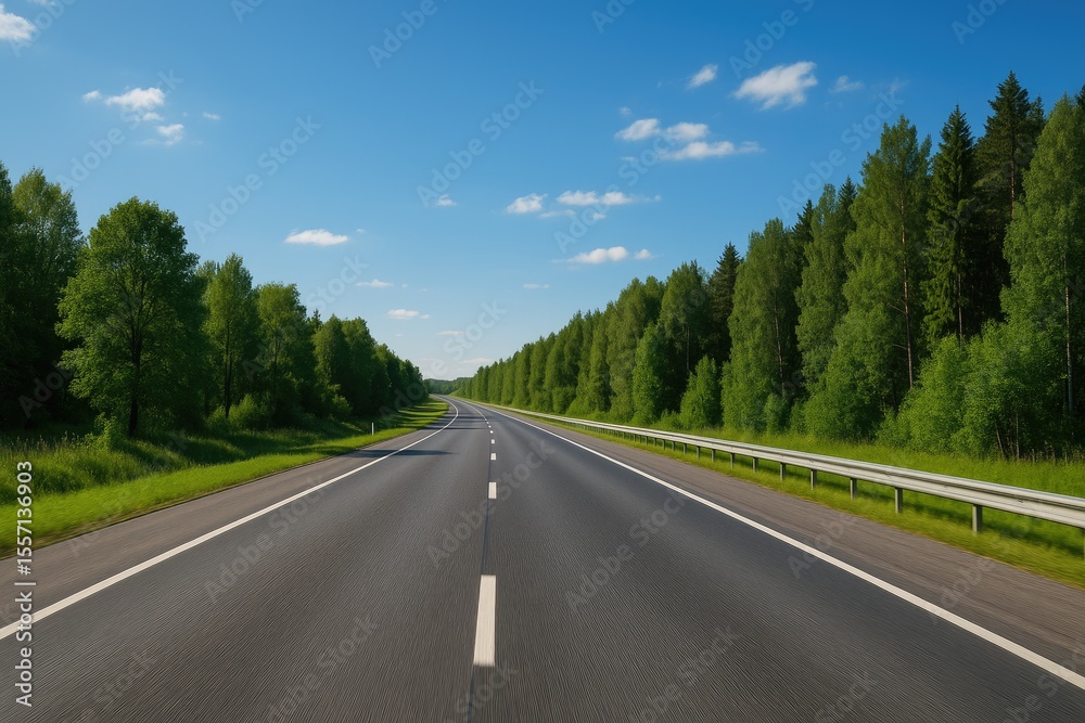 Fototapeta premium Scenic rural highway with lush greenery and clear blue sky on a bright sunny day
