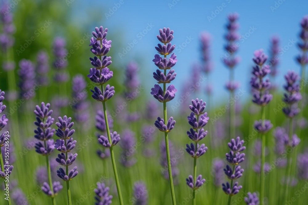 Obraz premium Close-up of vibrant lavender blossoms against a sunny natural backdrop
